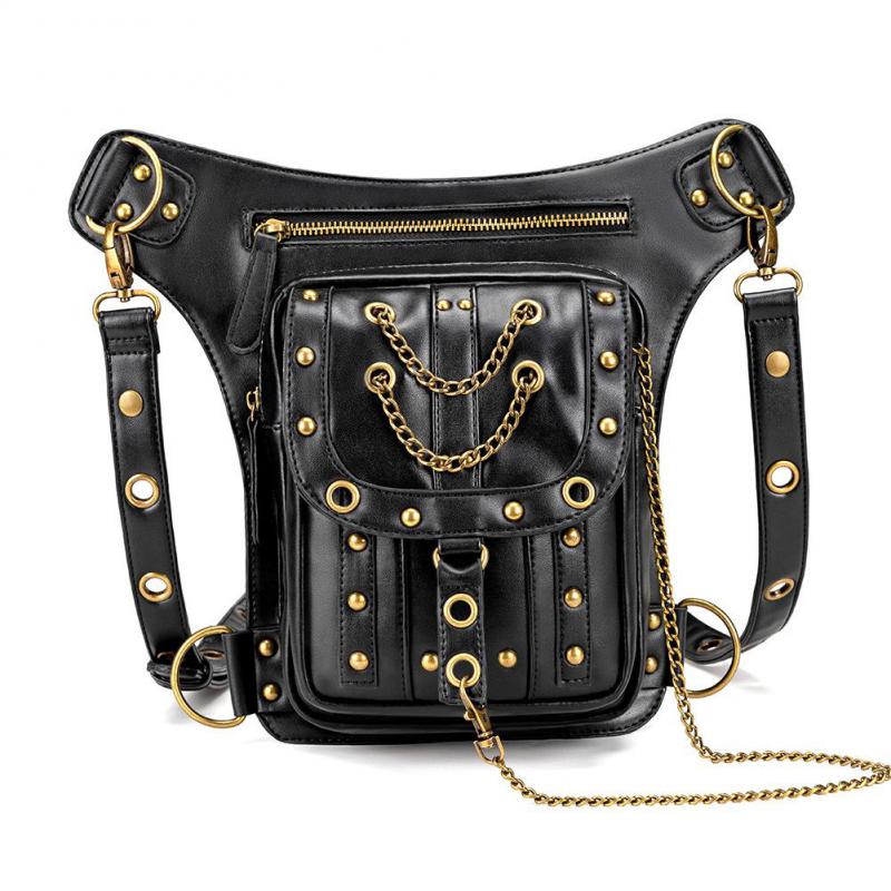Johnature Punk Rivet Women Waist Pack Outdoor Chain Moto & Biker Belt Bag Pu Leather Multifunctional Shoulder Bags
