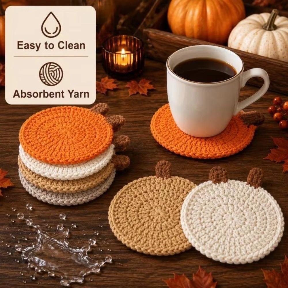 Halloween Knit Cup Mats Crochet Coffee Mugs Mats Creative Pumpkin Coasters Fall Table Decor