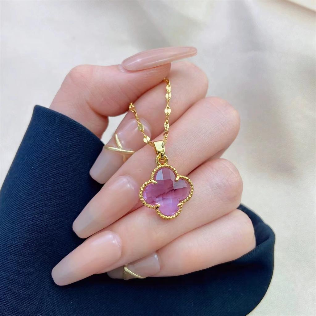 Purple Four-leaf Clover Shiny Titanium Steel Necklace Women, Fashion Temperament Collarbone Chain, Simple and Versatile 18k Gold Jewelry