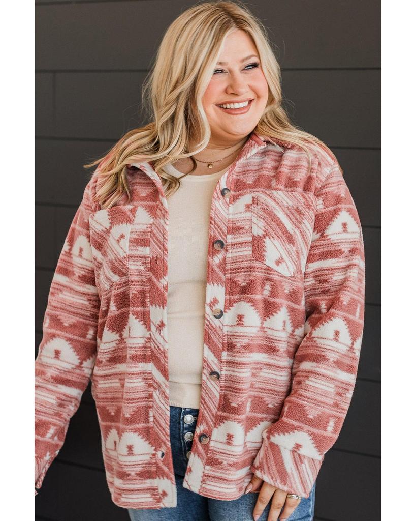Azura Exchange Pink Plus Size Aztec Print Chest Pocket Shacket