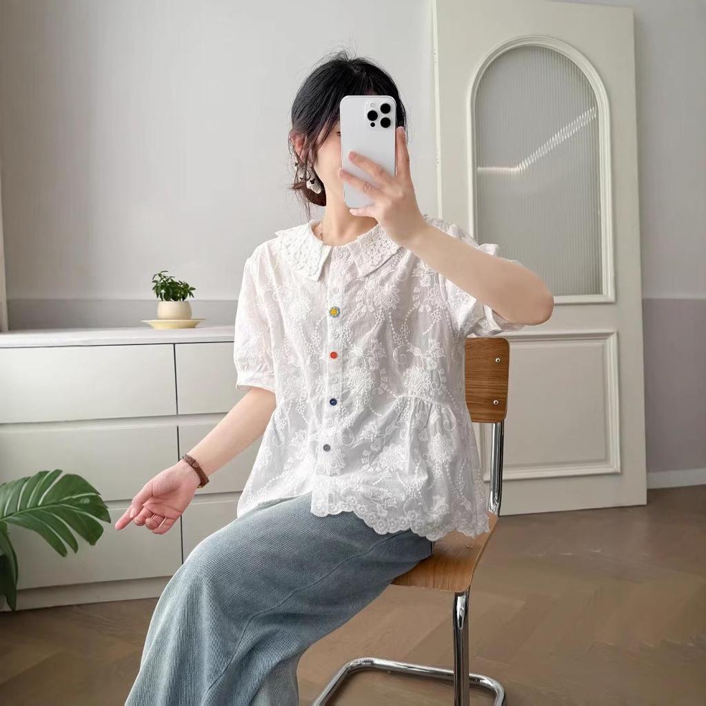 Летняя женская рубашка с воротником Питер Пэн 2025: Модная, Универсальная, Свободная, Стройнящая, Омолаживающая, Блузка с коротким рукавом