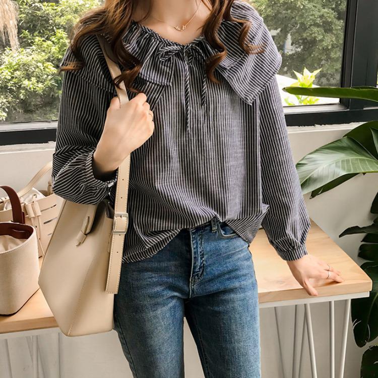 Осенняя женская рубашка в полоску в корейском стиле с воротником-куколкой — большой размер, свободная, шикарная, с длинными рукавами в гонконгском стиле