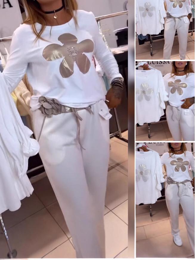 Women's Floral Pattern Casual Long Sleeve White T-Shirt - European Design