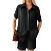 Женский повседневный и модный однотонный топ-рубашка с лацканами и короткими рукавами, комплект шорт на кулиске с высокой посадкой