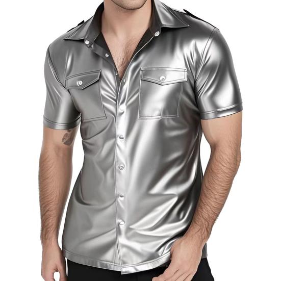 Мужская металлизированная рубашка на пуговицах с коротким рукавом и лацканами, облегающий сценический костюм для ночного клуба, вечеринок, баров, клубов