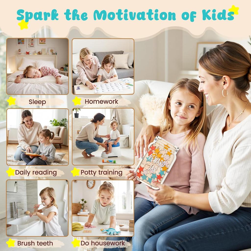 Magnetic Star Reward Jar for Kids, Personalized Reward System for Behavior Management at School Classroom Home Wooden Boho Potty Training Jar for