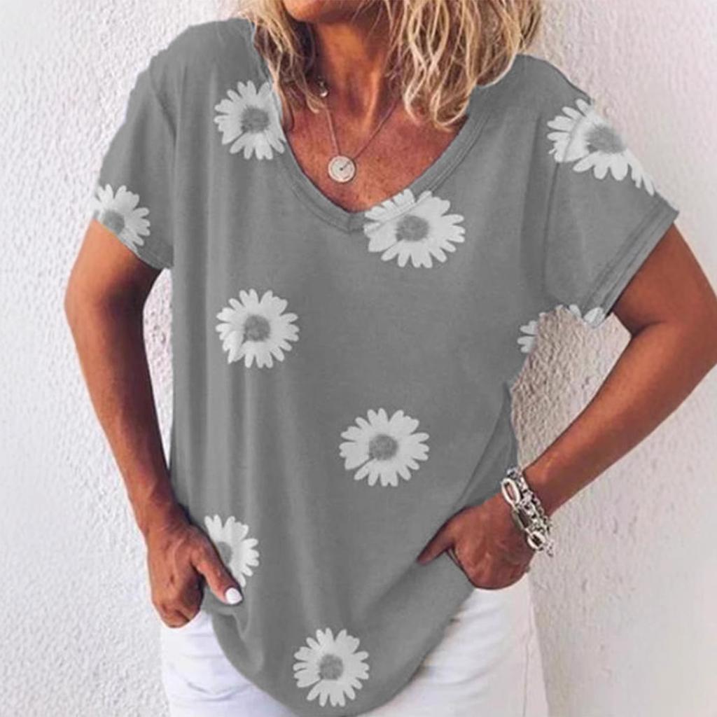 Vintage Women Floral Print T Shirt Short Sleeve V Neck Tops Comfortable T-shirts