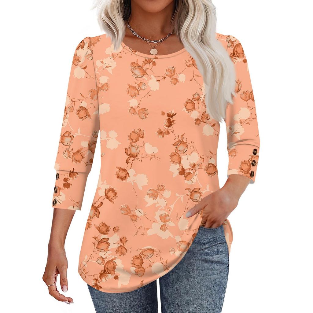 Женская мода Повседневная Винтажная Футболка Топ с круглым вырезом и рукавом в семь сложений с цветочным принтом