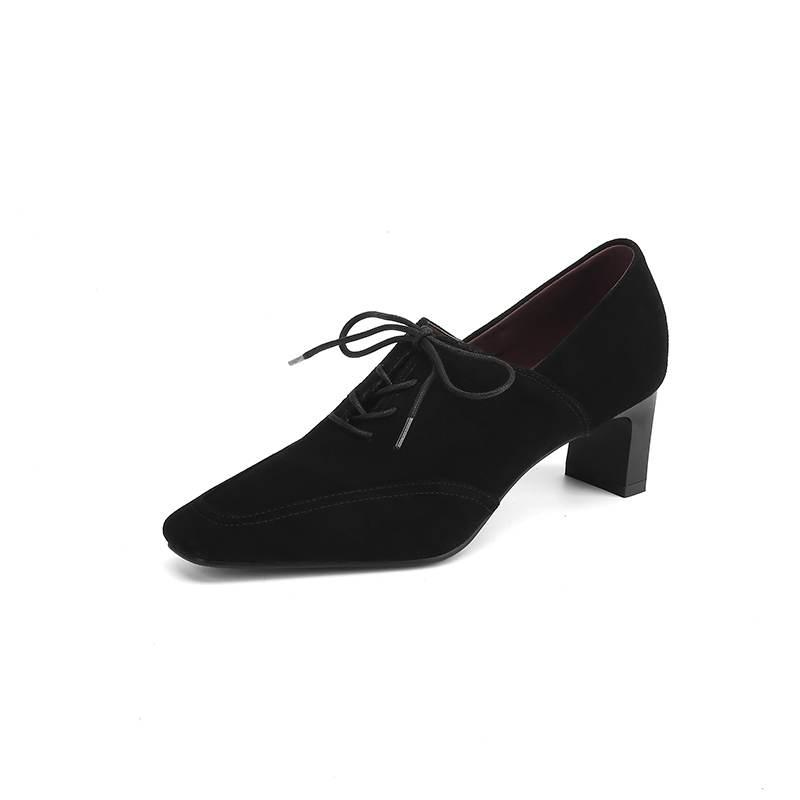 Krazing Pot Sheep Suede Autumn Winter Shoes Stiletto Med Heels Lace Up Size 43 Size 42 Pointed Toe Deep Mouth Pumps