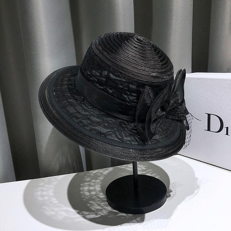 Летняя модная кружевная сетчатая шляпа-ведро женская в стиле Хепберн, цветной ретро-цилиндр, элегантный козырек с бантом