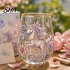 Retro Enamel Style Cup Hand Painted Glass Tumbler, Egg Shaped with Gold Rim, Clear Lead-Free Floral Bird Design Mug for Tea Coffee Wine Juice Cold Hot