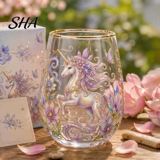 Retro Enamel Style Cup Hand Painted Glass Tumbler, Egg Shaped with Gold Rim, Clear Lead-Free Floral Bird Design Mug for Tea Coffee Wine Juice Cold Hot