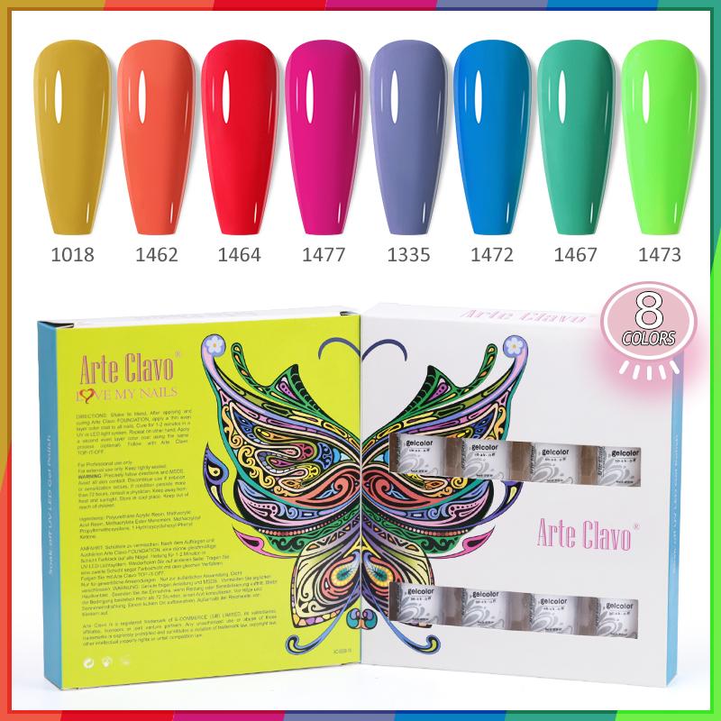 Arte Clavo 8 бутылок/набор, высококачественный блестящий гель-лак для ногтей для маникюра, гель-лак для дизайна ногтей, верхнее базовое покрытие, лак