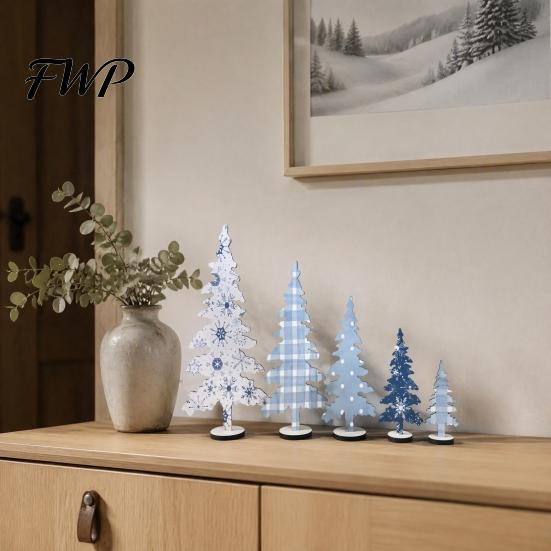 Nordic Style Xmas Displays 5Pcs Wooden Christmas Tree Ornaments, Blue And White Snowflake Pattern Tabletop Trees Plaid/Snowflake/Polka Dot Desktop