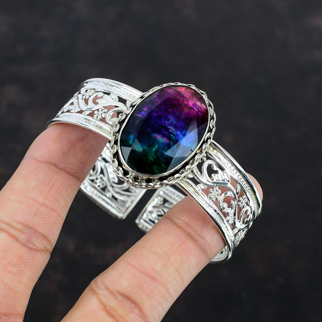 Faceted Ammolite Cuff Bracelet 925 Sterling Silver Bangle Adjustable Cuff Bracelet Gemstone Bangle Handmade Silver Jewelry Gifts For Friend