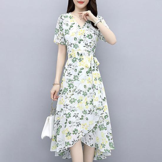Платье с цветочным принтом для женщин с V-образным вырезом, коротким рукавом, струящимся запахом, платье миди с оборками и неровным подолом, платье А-силуэта для пляжного отдыха