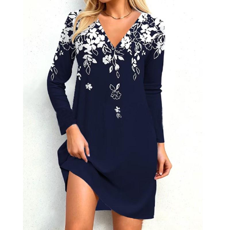 Женское модное повседневное платье с v-образным вырезом и длинными рукавами, женское свободное платье с цветочным принтом, женская одежда