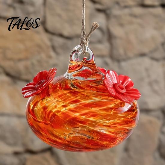 Кормушка для колибри Talos из выдувного стекла, цветная подвесная кормушка для нектара с двумя цветочными кормушками для декора сада и заднего двора