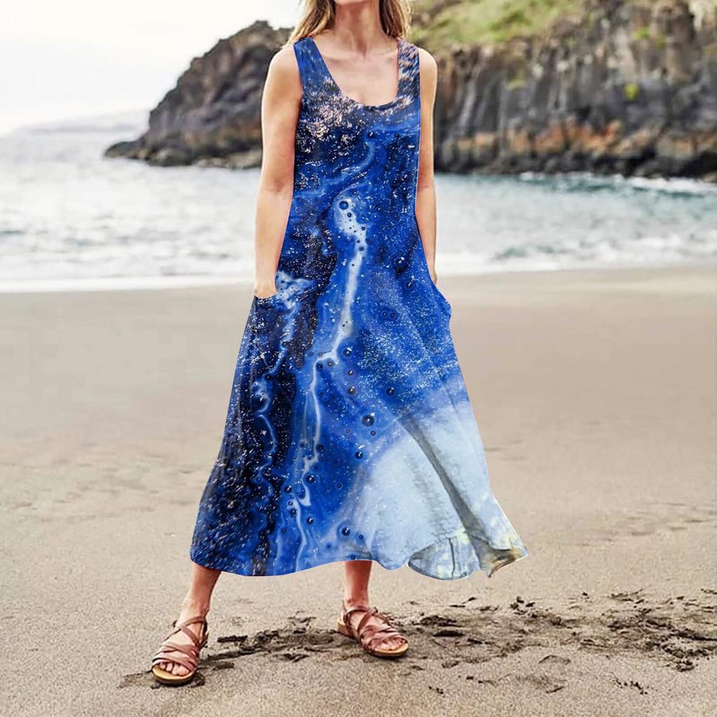 Женское летнее повседневное модное платье без рукавов с карманом и круглым вырезом