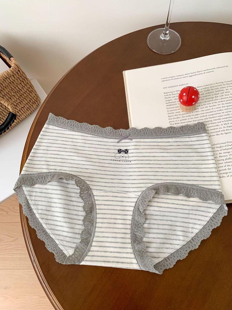 A053 Женские мягкие серые и белые полосатые трусы-треугольники - Гипоаллергенные, облегающие бедра, из чистого хлопка, антибактериальные. Стиль для подростков, Коллекция 2025.