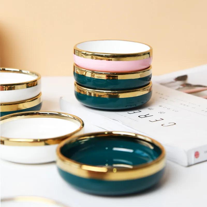 Nordic Light Luxury Gold Ceramic Small Plate Snack Sauce Dish Round Ceramics Condiment Dish Home Kitchen Supplies Tableware