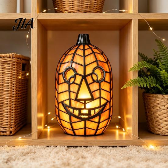 Collectable Artistic Lamp Stained Glass Pumpkin Lamp, Halloween Fall Table with Warm Glow, Decorative Shelf Display USB Powered Resin Orange
