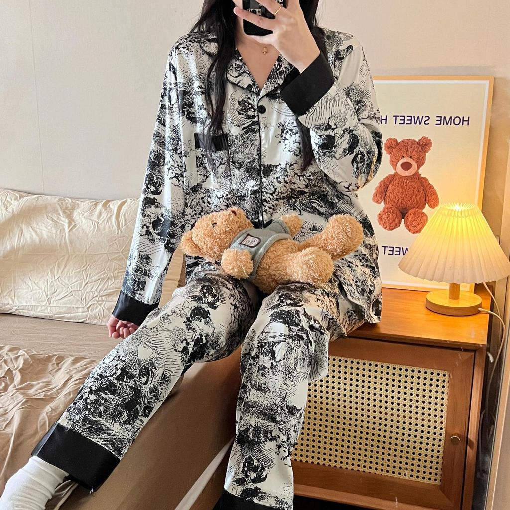 Женская шелковая пижама с цветочным принтом - С длинным рукавом, тонкая и стильная корейская домашняя одежда для весны/осени
