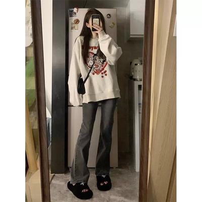 Новая серая толстовка с круглым вырезом в американском стиле для женщин, весна-осень, тонкий плюшевый топ с длинными рукавами