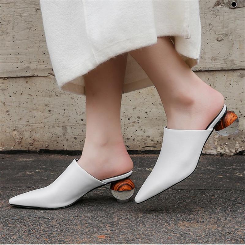 Fashion NEW Summer Women Mules Cowhide Shoes for Women Cover Toe Chunky Heel Slippers Square Toe High Heels Crystal Heel Women Sandals