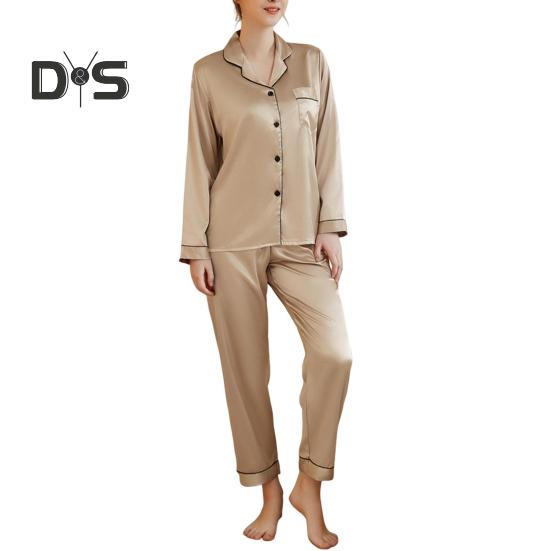 2 шт./комплект пижамный костюм атласный однобортный кардиган рубашка V-образный вырез воротник однотонная рубашка широкие свободные брюки ночная рубашка одежда для сна