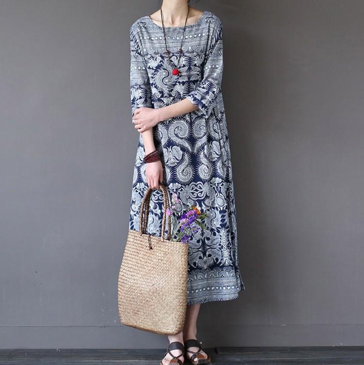 Женское платье с этническим принтом и круглым вырезом, свободные платья больших размеров