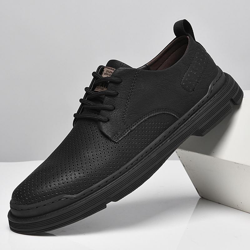 Fashion Fashionable Lace Up Men's Perforated Outdoor Comfortable Leather Shoes Summer Brand New Cowhide Breathable Casual Leather Shoes