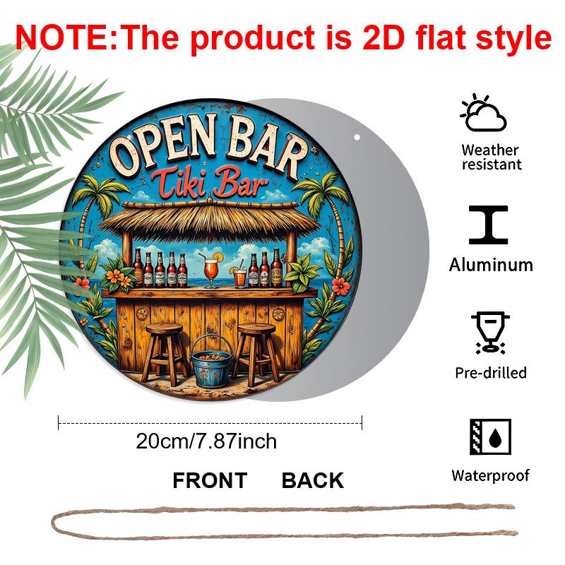 2D Flat - 1pc Vintage Tropical Beach Tiki Bar Metal Aluminum Sign, Aluminum Wall Art with Palm Trees, Cocktails & "Open Bar" Text - Vibrant Coastal