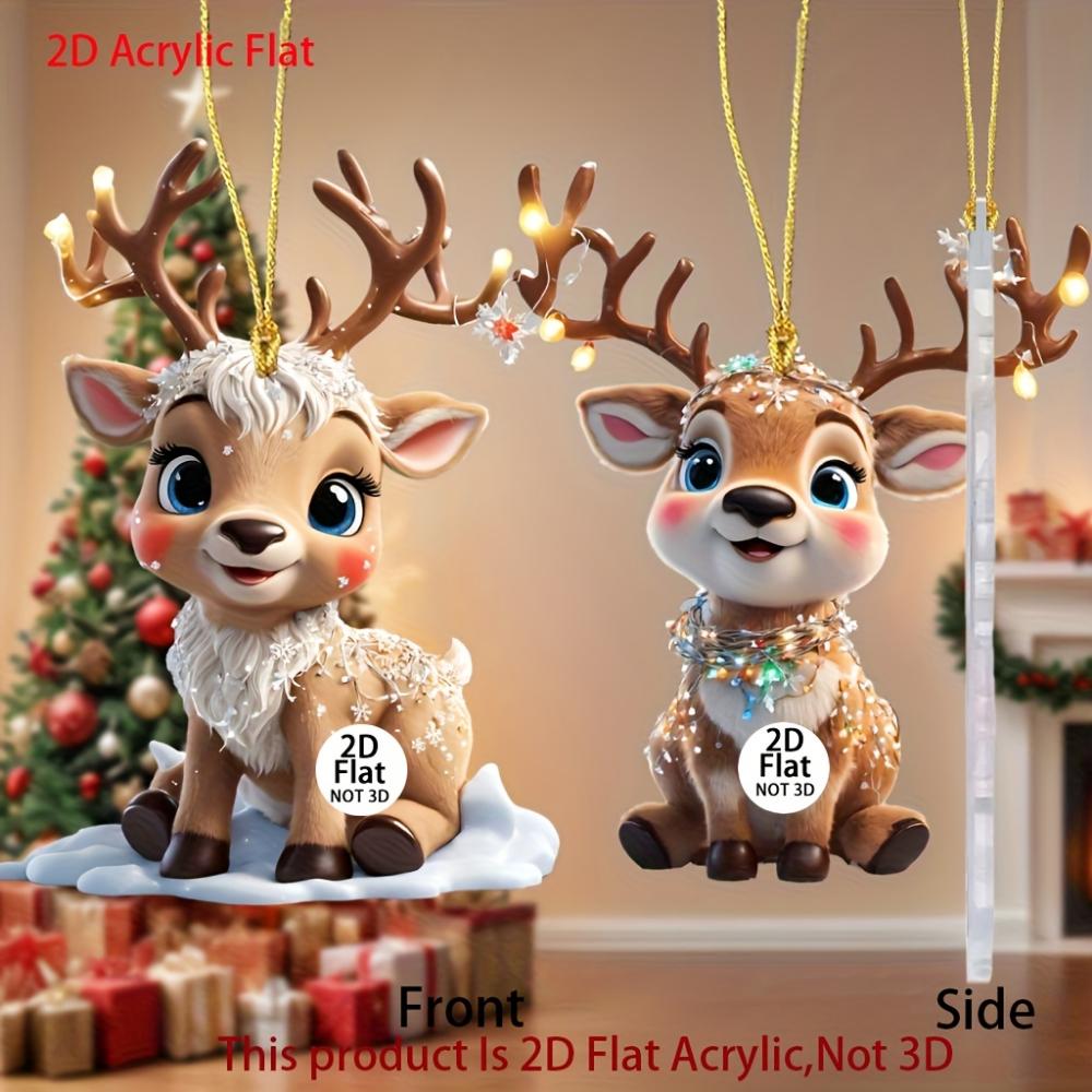 Cute Elk Baby with Christmas Lights Acrylic 2D Flat Pendant Christmas Tree Decoration Pendant Car Rearview Mirror Pendant Holiday Decoration Pendant