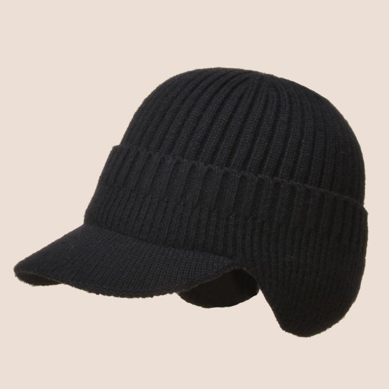 Men's Simple Fashion Autumn and Winter Solid Knitted Wool Hat Thicken Warm Outdoor Earflap Hat with Brim