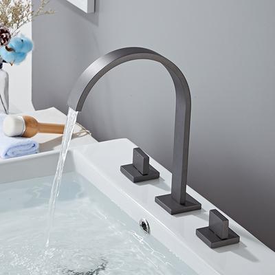 Смеситель для раковины Gun Grey Sink Tap Золотой квадратный латунный кран для ванной комнаты Смеситель для раковины с 3 отверстиями и двойной ручкой для горячей и холодной воды