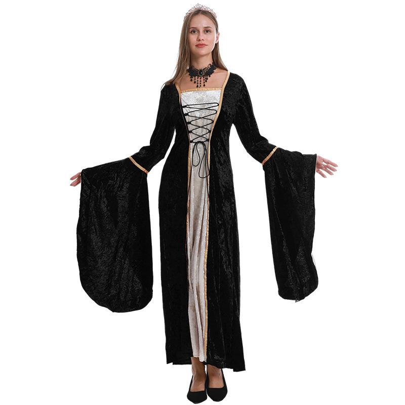 Hot Sale Women's Medieval Costumes Golden Velvet Straps Horn Sleeves Long Dresses Party Stage Performance Costumes