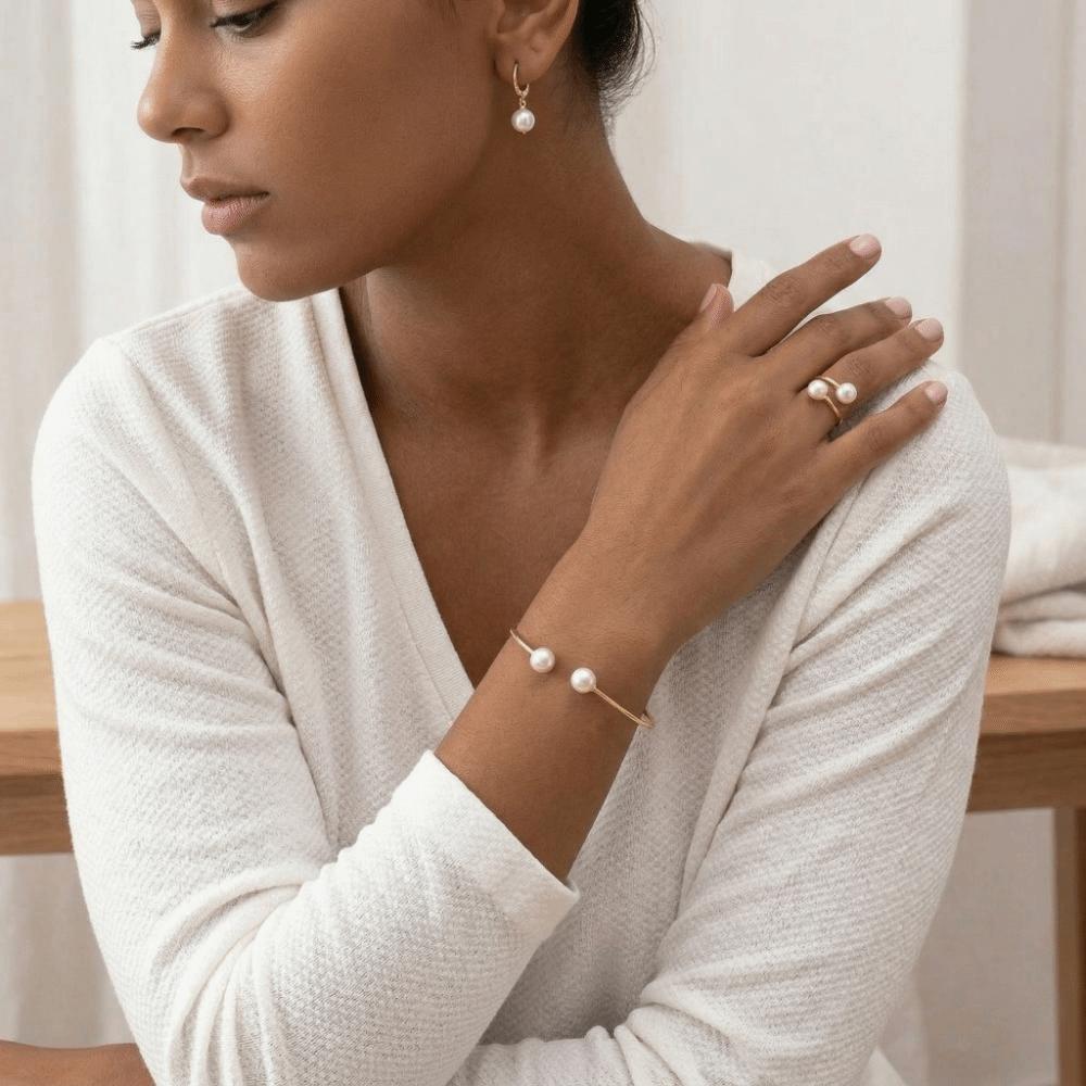 Vintage Style Imitation Pearl Earrings Ring Bangle Elegant Gold Color Jewelry Jewelry Set  Women