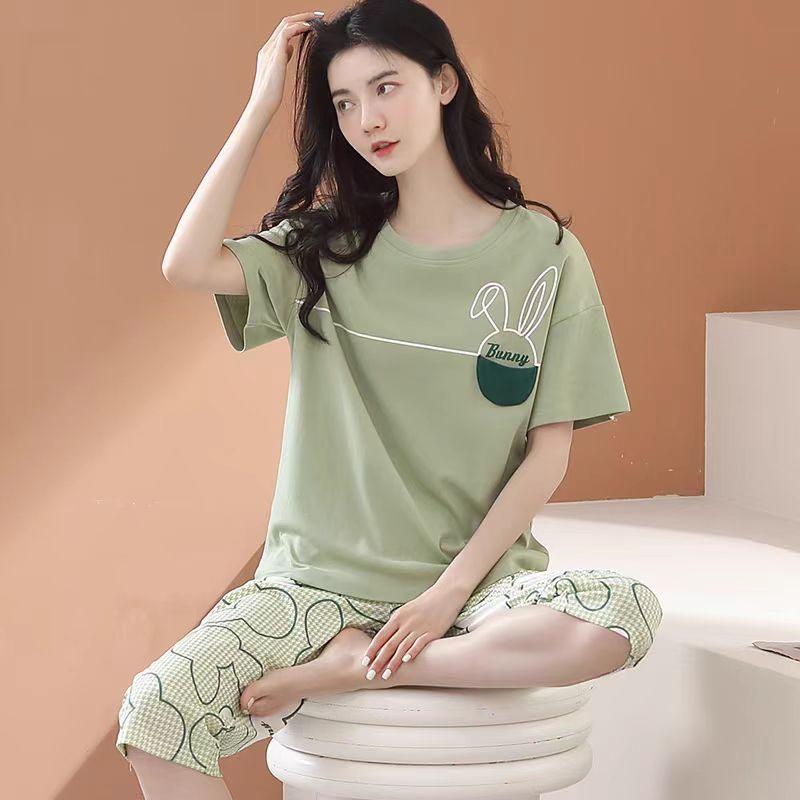 Lounge Sleepwear O-Neck Sleeping Breathable Girls Summer Cartoon Print T-shirt Crop Pants Set Daily Wear