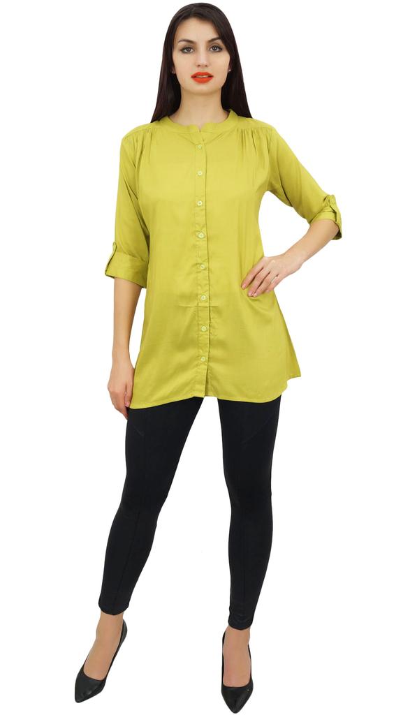 Phagun Women's Summer Yellow Cotton Modal Tunic Shirt Top With Front Opening-