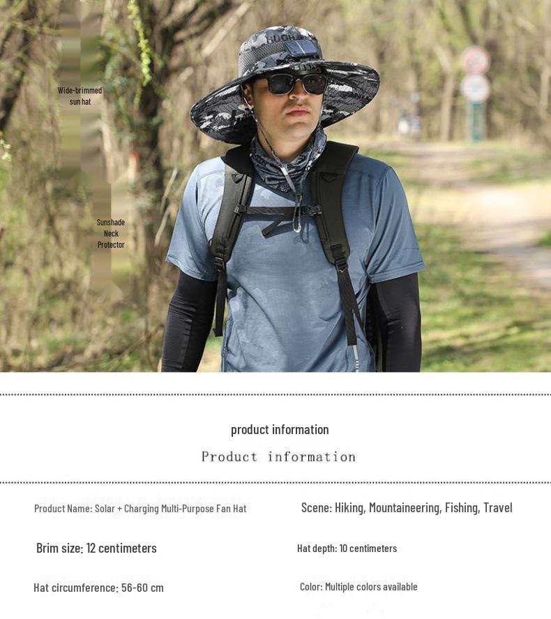 Перезаряжаемая шляпа от солнца с двойным вентилятором на солнечной батарее для мужчин