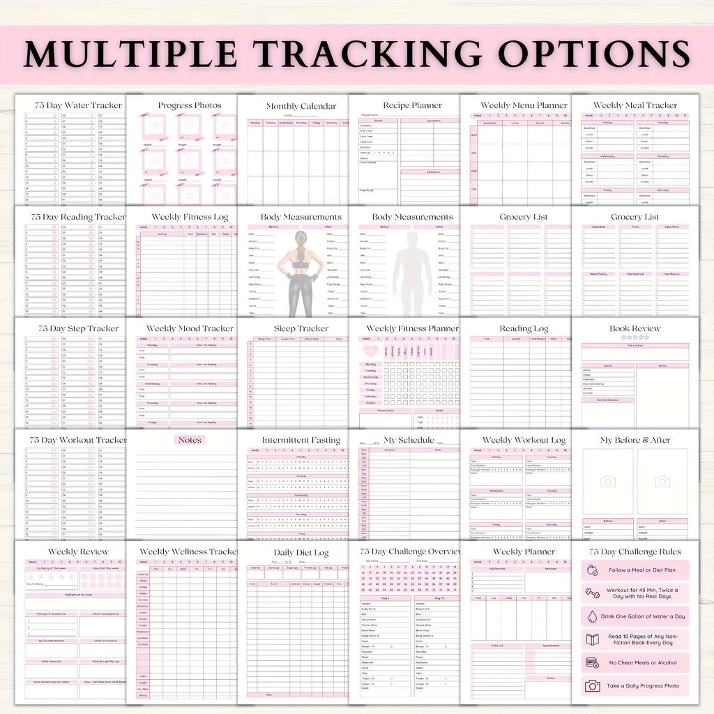Планировщик фитнес-соревнований на 75 дней - спиральный журнал с ежедневными/еженедельными трекерами, трекер тренировок и привычек, мотивационный блокнот успеха