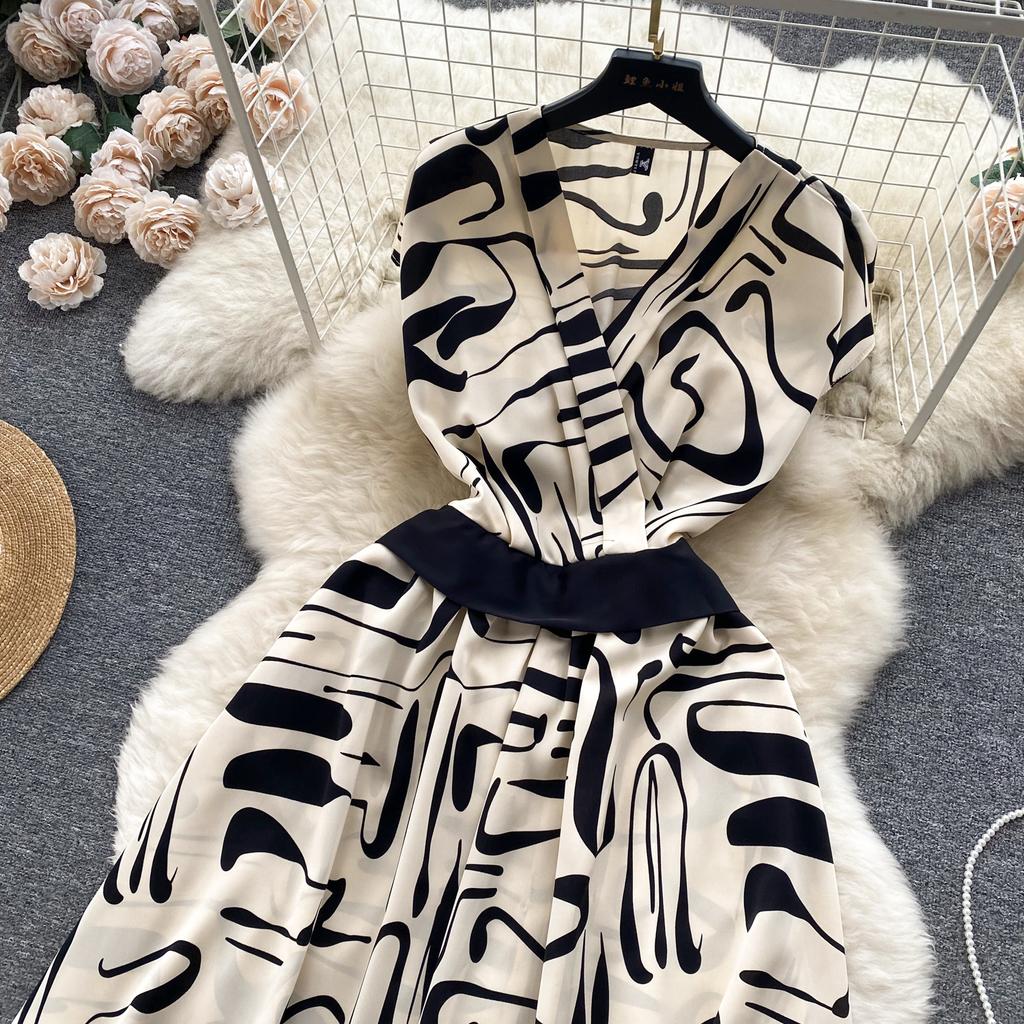 Summer Vintage Women Print Long Dress Elegant V-Neck Sleeveless High Waist A-Line Maxi Vestidos Female New Fashion Robe