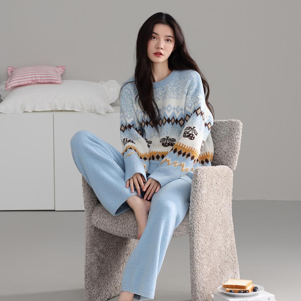 Пижама из полуфлиса женская осенне-зимняя утолщенная с длинным рукавом термо-повседневный пуловер можно носить на улице домашняя одежда коралловый флис костюм