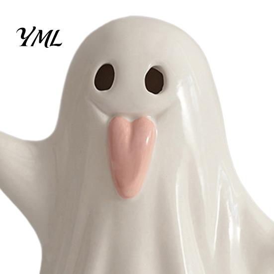 Ceramic Ghost Night Light Up Figurines for Halloween Decor, Cute White Statue Craft with Pink Tongue, LED Home Table Office Desk Decorations