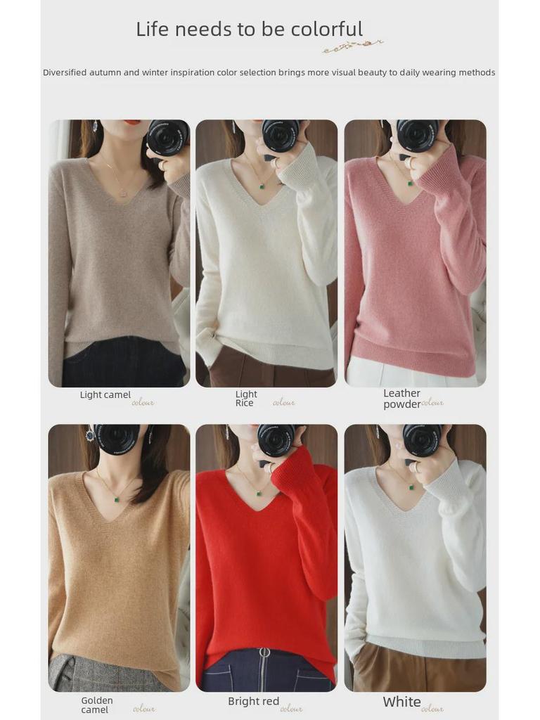 Женский свитер свободной вязки с V-образным вырезом 2024 года — длинный рукав, большой размер