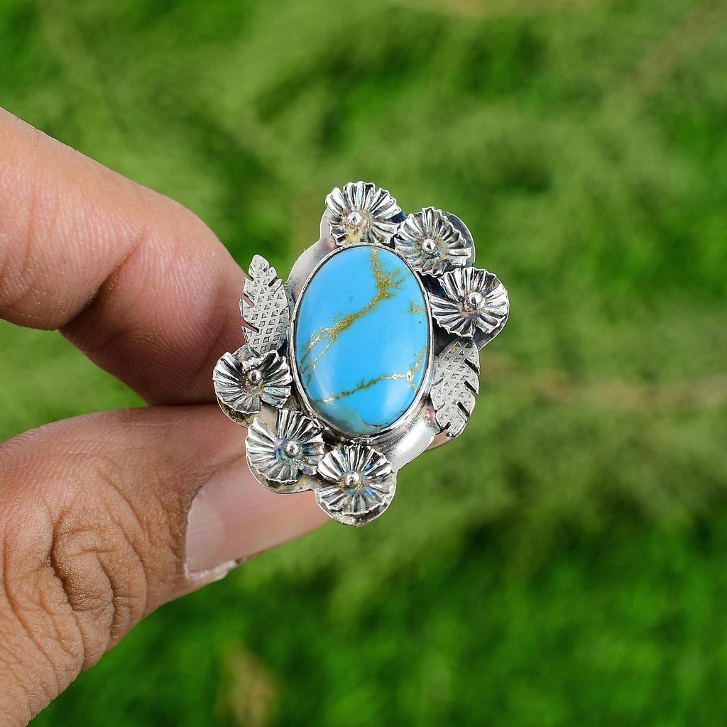 Кольцо-солитер в виде цветка из натуральной меди с аризонской бирюзой, регулируемое, серебро 925 пробы