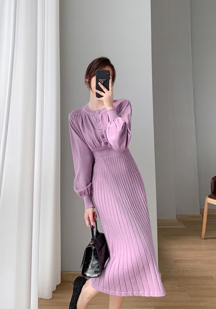 Vilaria Вязаное Длинное Круглый Вырез Однотонное Повседневное Женское Платье, Рукав, Вырез, Стройнящее, Осень/Зима, Цвет, Стильное,