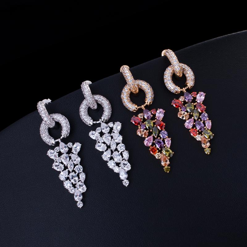 WWJ Long Dangling Drop Cluster Multicolor Zircon Women Earrings