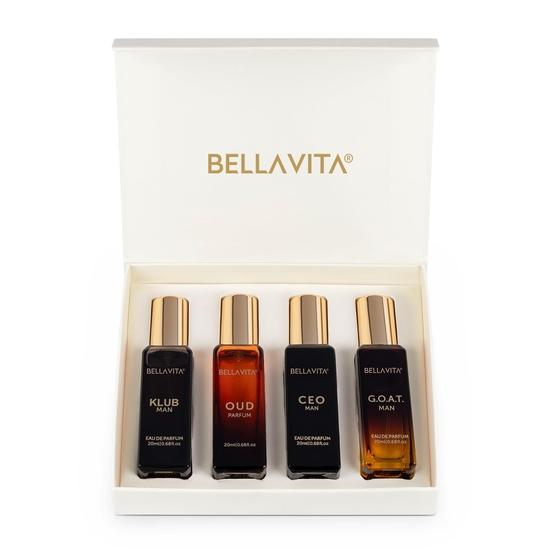 Bella Vita Подарочный набор роскошных мужских духов 4 x 20 мл для мужчин с духами KLUB, OUD, CEO, GOAT | Древесный, цитрусовый стойкий аромат EDP